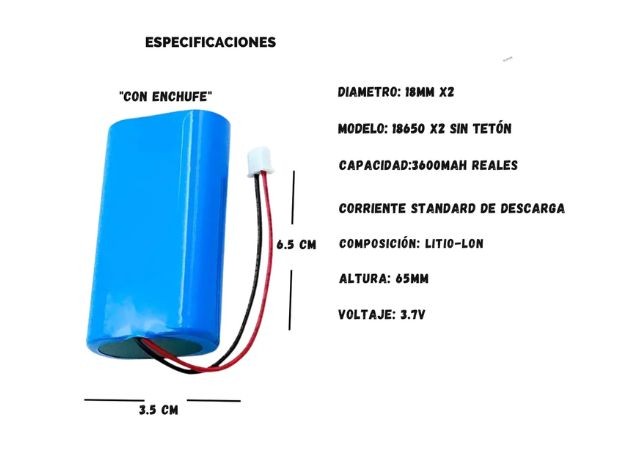 &uu BATERIA PILA RECARGABLES 18650 DOBLE 3,7V + CONECTOR (929)